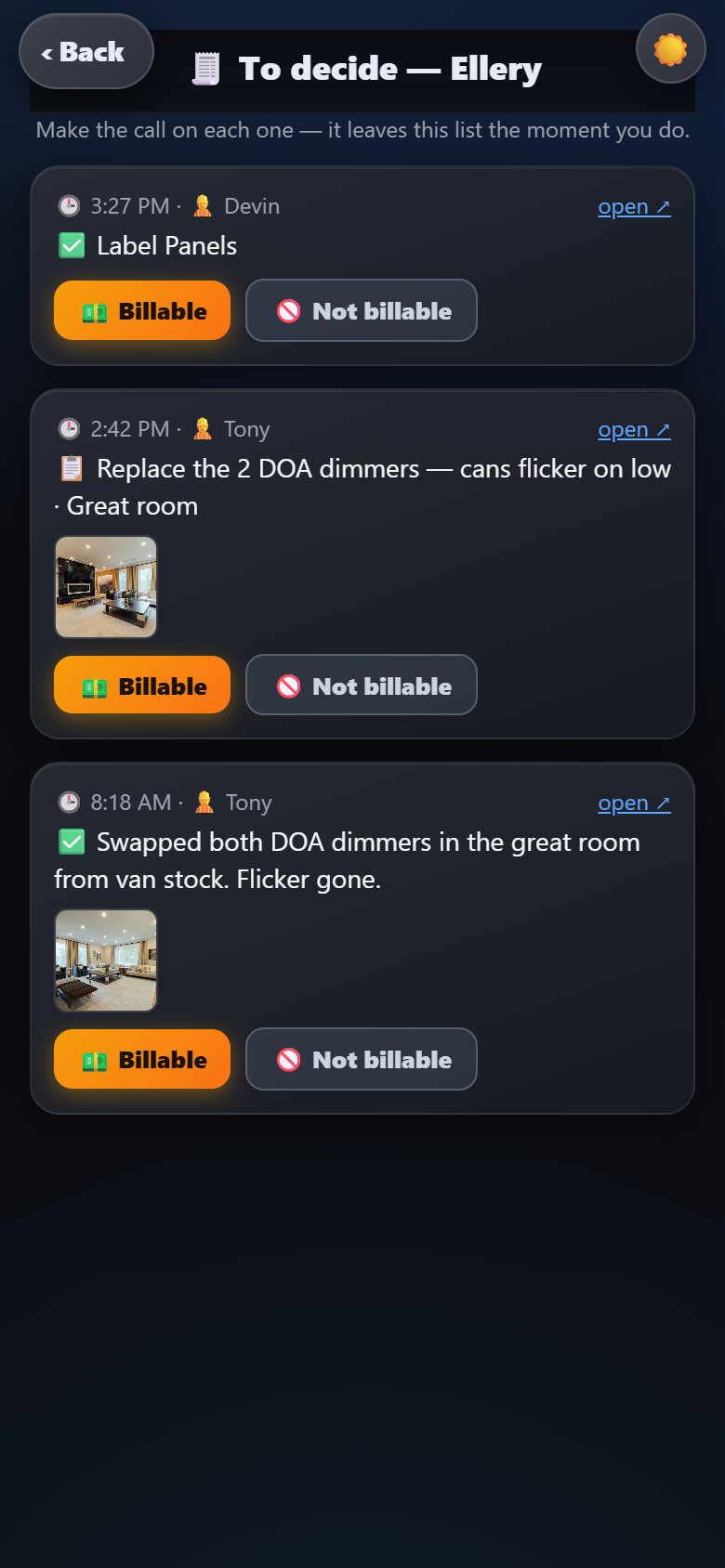 Billing decisions for one job: each finished item with Billable and Not billable buttons