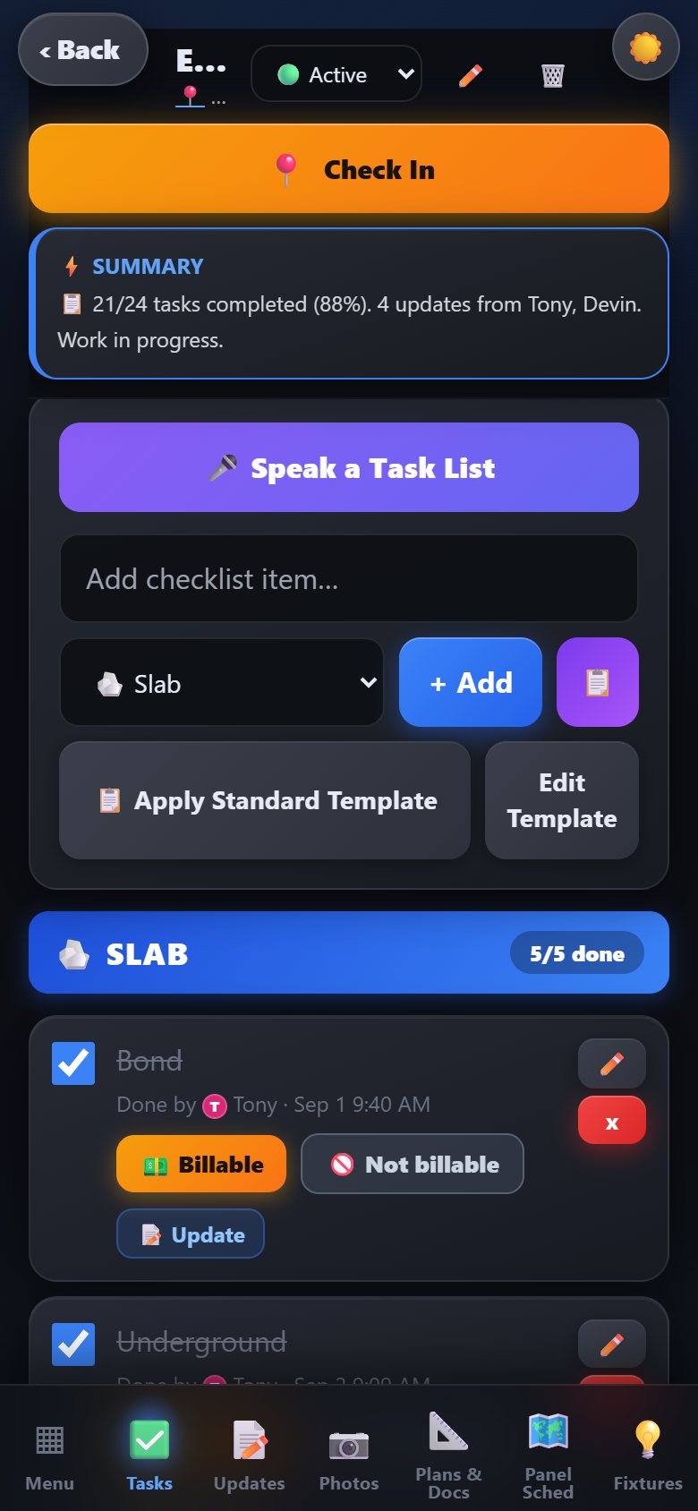 Job task checklist by phase with billable and not billable buttons on finished tasks