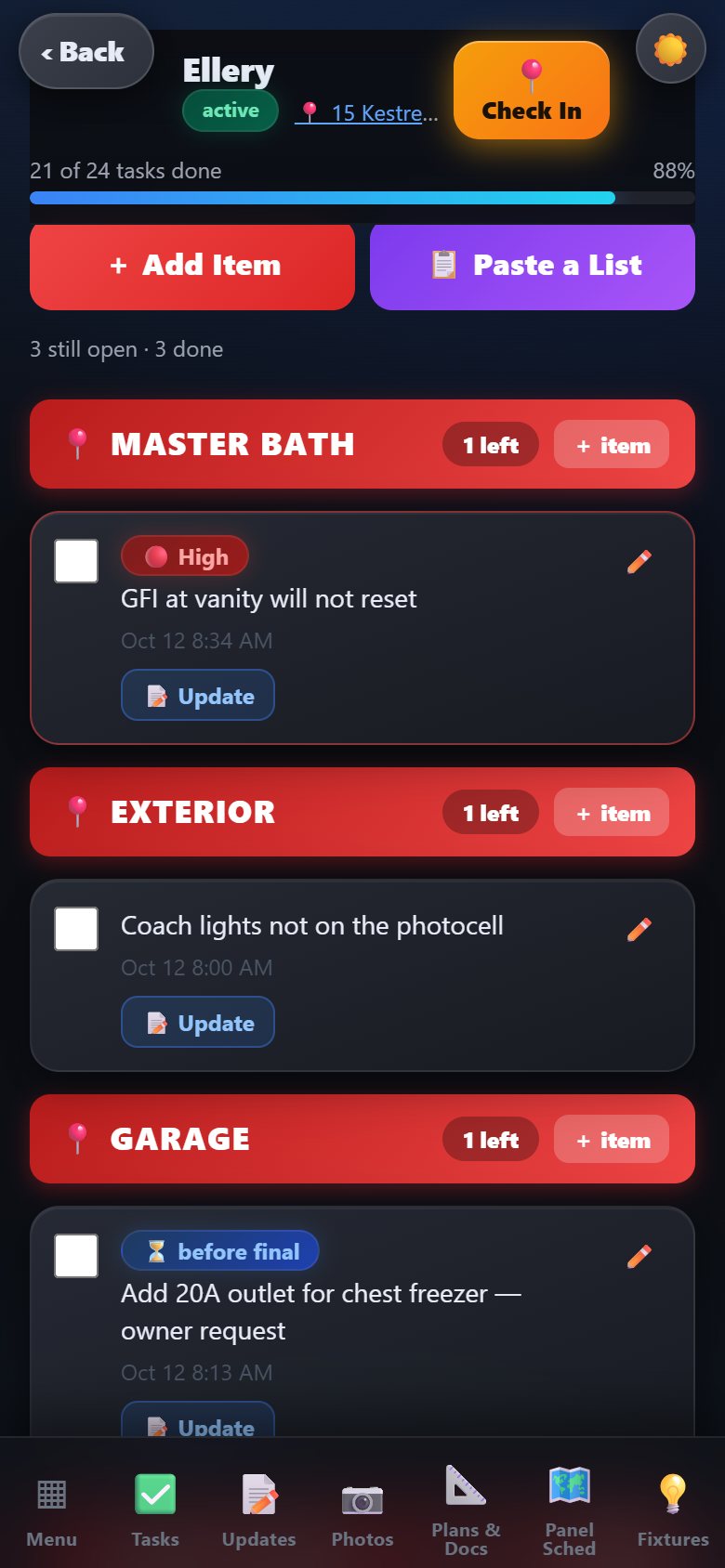 Punch list grouped by room with priority tags and an Update button on each item