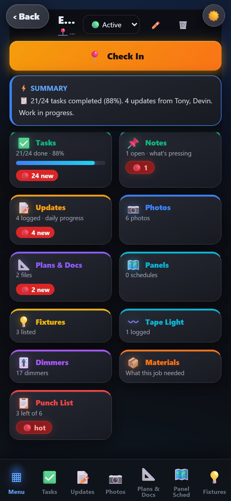 One job's menu: tasks, notes, updates, photos, plans and docs, panels, fixtures, tape light, dimmers, materials, punch list