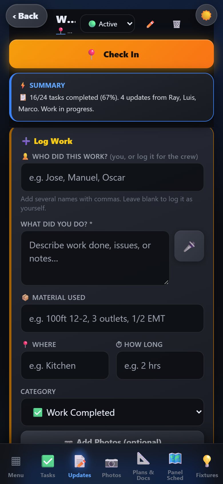 Log work form: what did you do, material used, where, how long, category, add photos