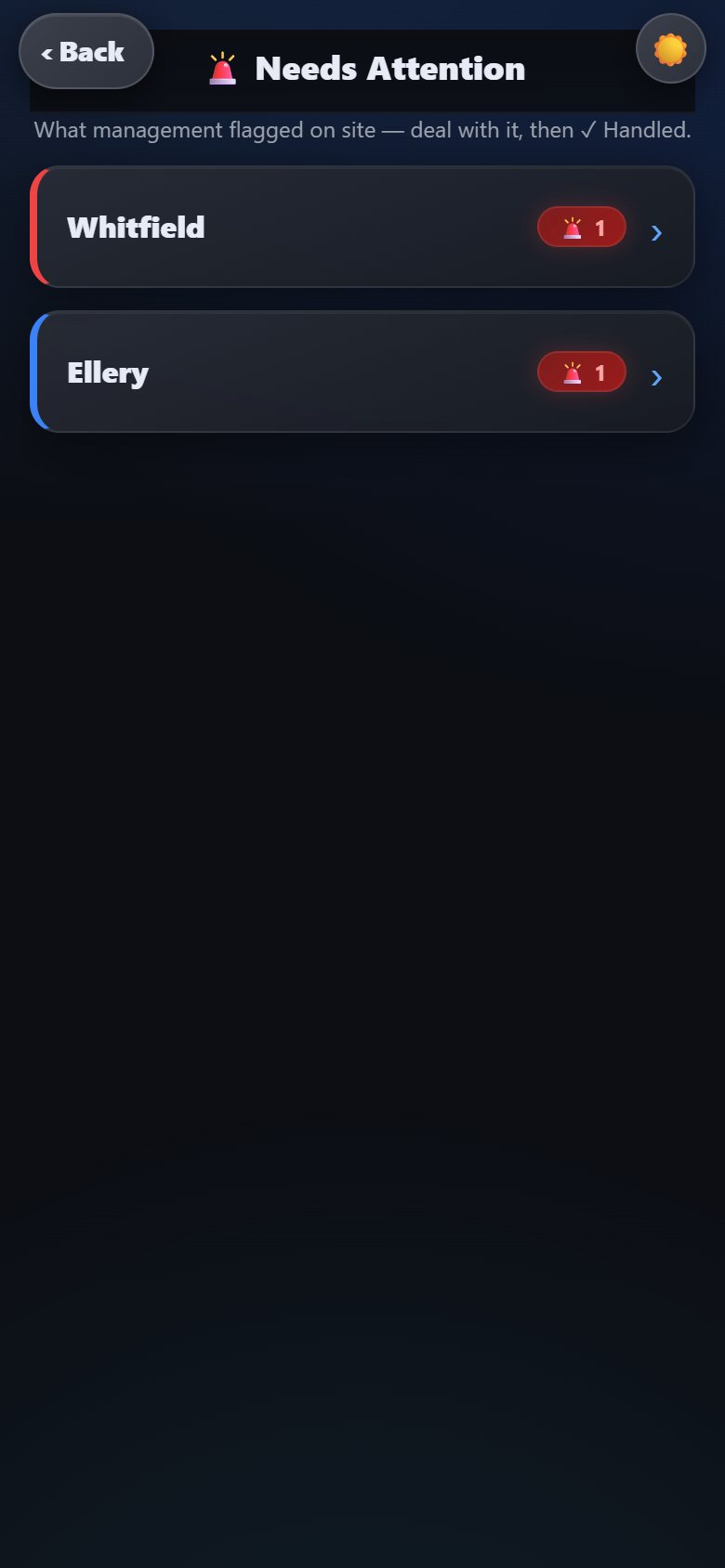 Needs Attention screen listing flagged notes grouped by job