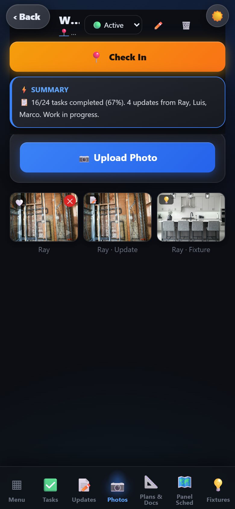 Job photos tagged by who took them and whether they came from an update or a fixture