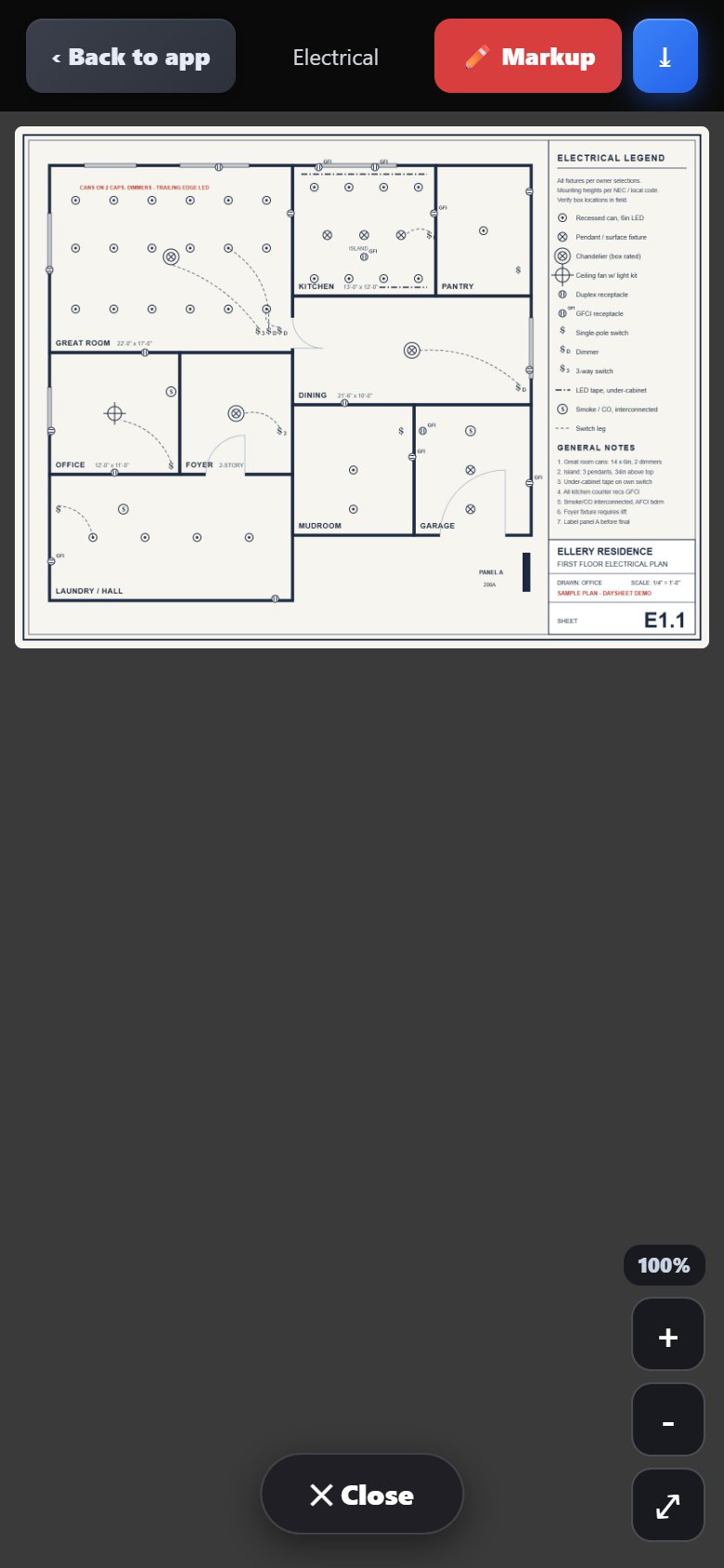 A plan sheet opened on the phone with markup, zoom and download controls