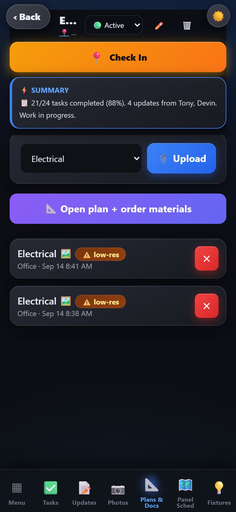 Plans and docs list for a job