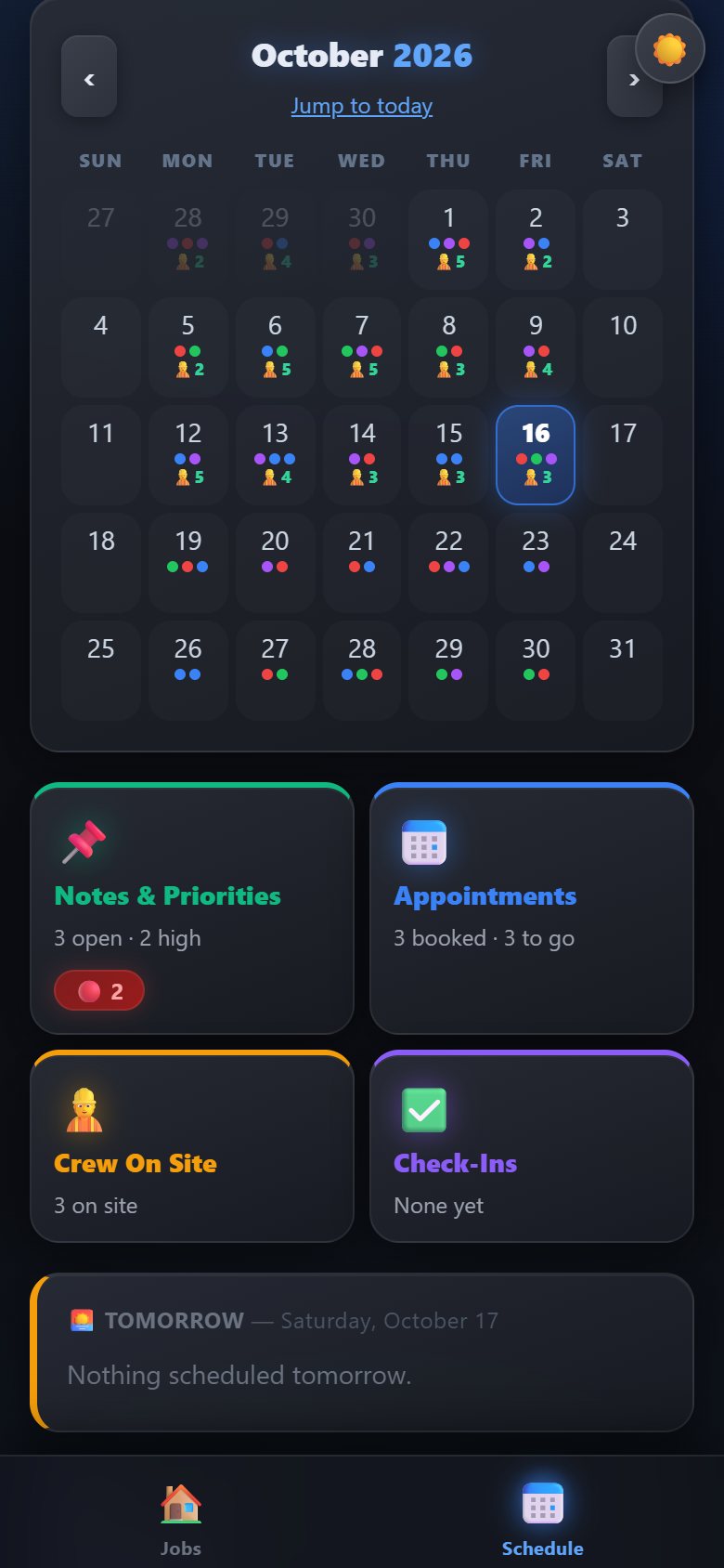 Monthly schedule colour-coded by builder with crew counts per day, notes, appointments and check-ins